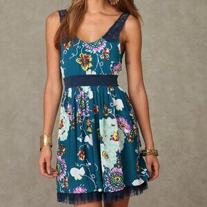 Free People Lace Strap Floral Dress Size 2 Blue Sleeveless Mini Tulle Trim Boho